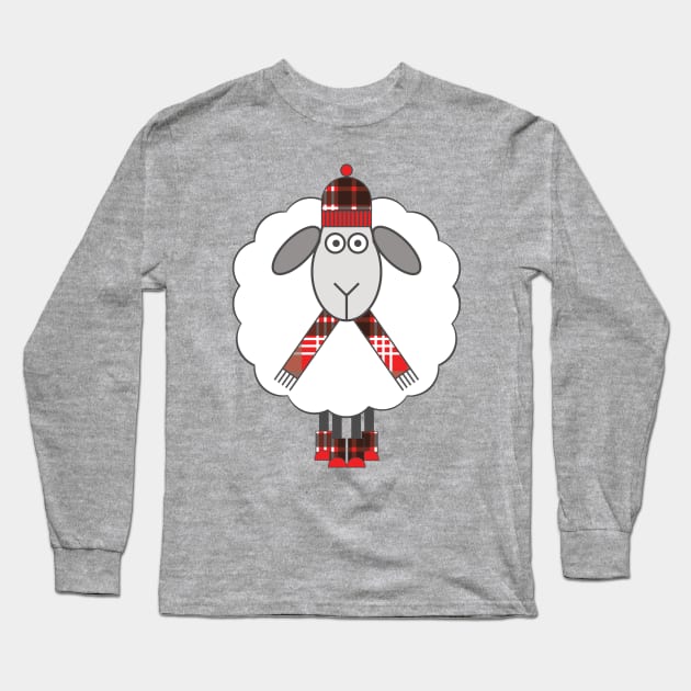 Cosy Winter Sheep With Red, Black and White Tartan Hat, Scarf and Boots Long Sleeve T-Shirt by MacPean